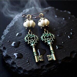 Handmade! Vintage‑Style Key Dangle Earrings ~ Warm Bronze Keys & Cream Beads